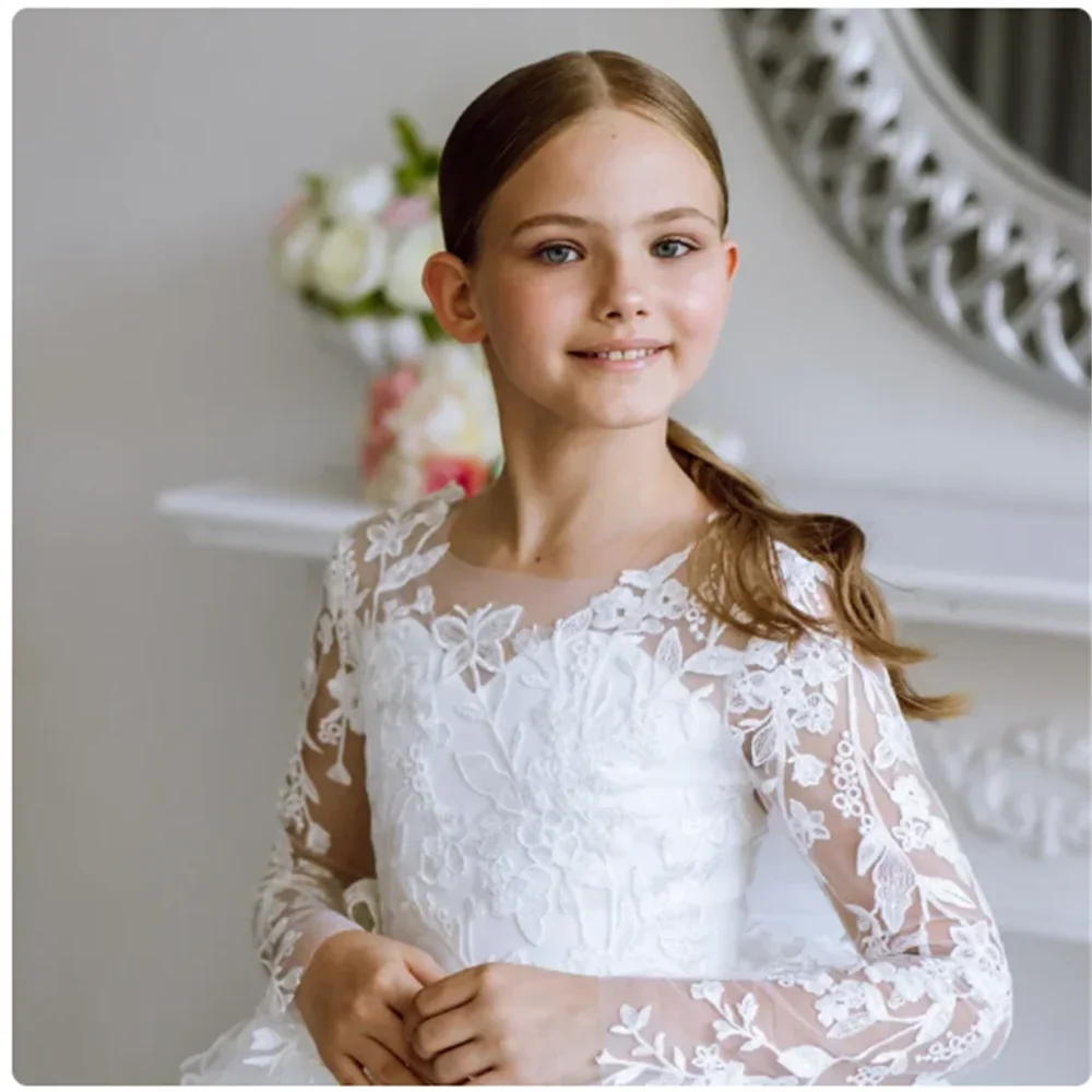 White Tulle Flower Girl Dresses Lace Appliques With Bow Long Sleeve For Wedding Birthday Party First Communion Gowns