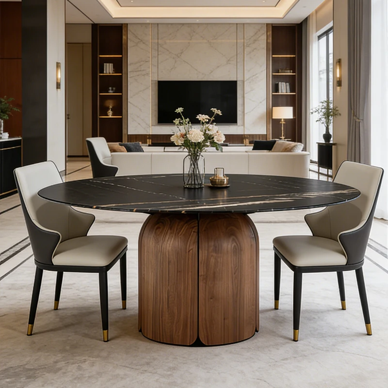 

km-Nordic Solid Wood Dining Table Ultra-Minimalist Round Modern Minimalist Light Luxury Glossy Marble Dining Table%