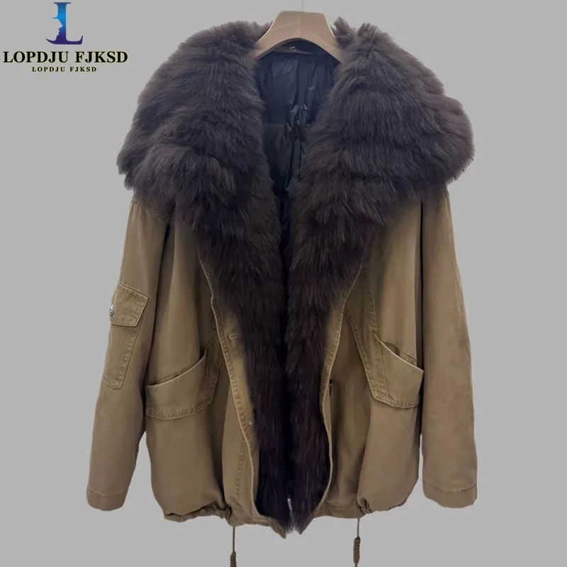 Women Faux Fox Fur Collar Coat Winter Jacket Female Warm Adjustable Waist Parkas Spliced Outwear Fashion Overcoat