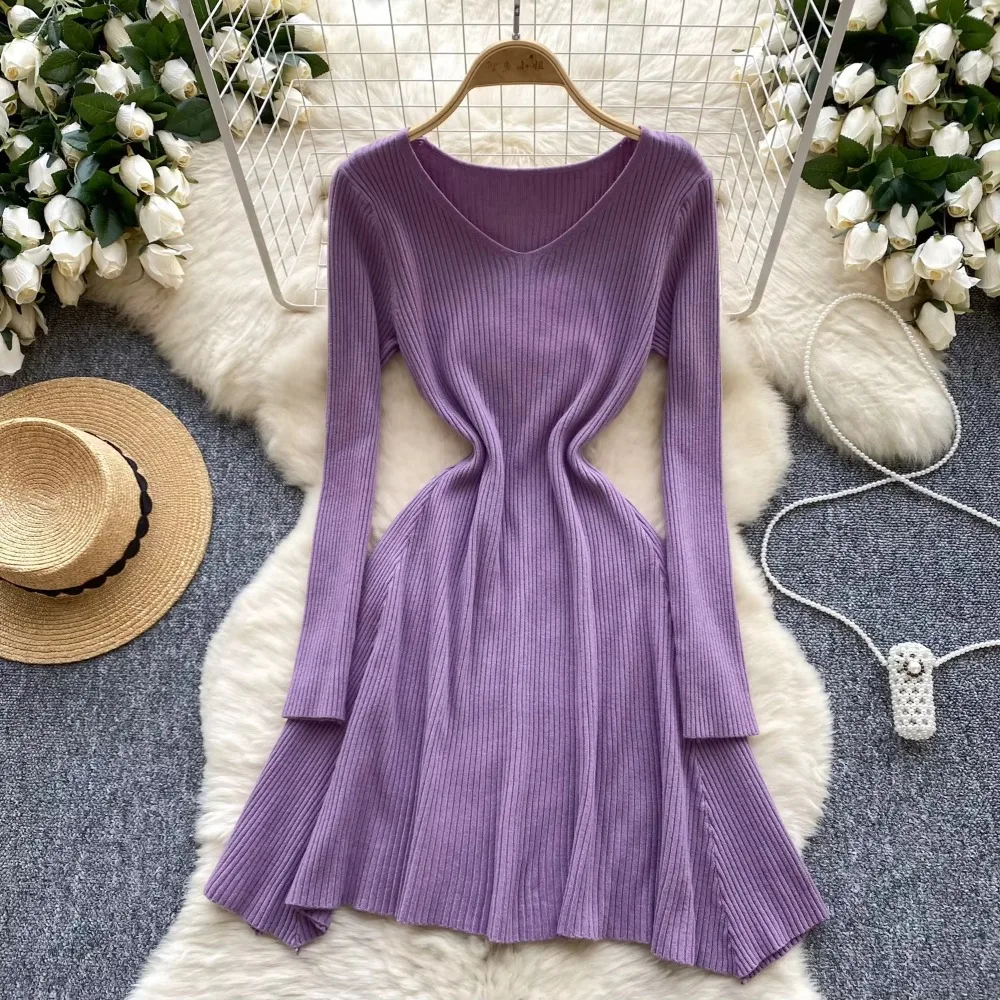 Vintage  Elega v neck Solid knit lool Sleeve pleated sweet Dress Women basics Fashion summer Spring dresse