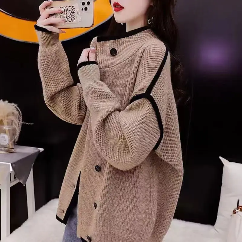 Autumn Winter New Women\'s Solid Color Half High Collar Spliced Fashion Vintage Casual Loose Long Sleeve Sweaters Coats Tops