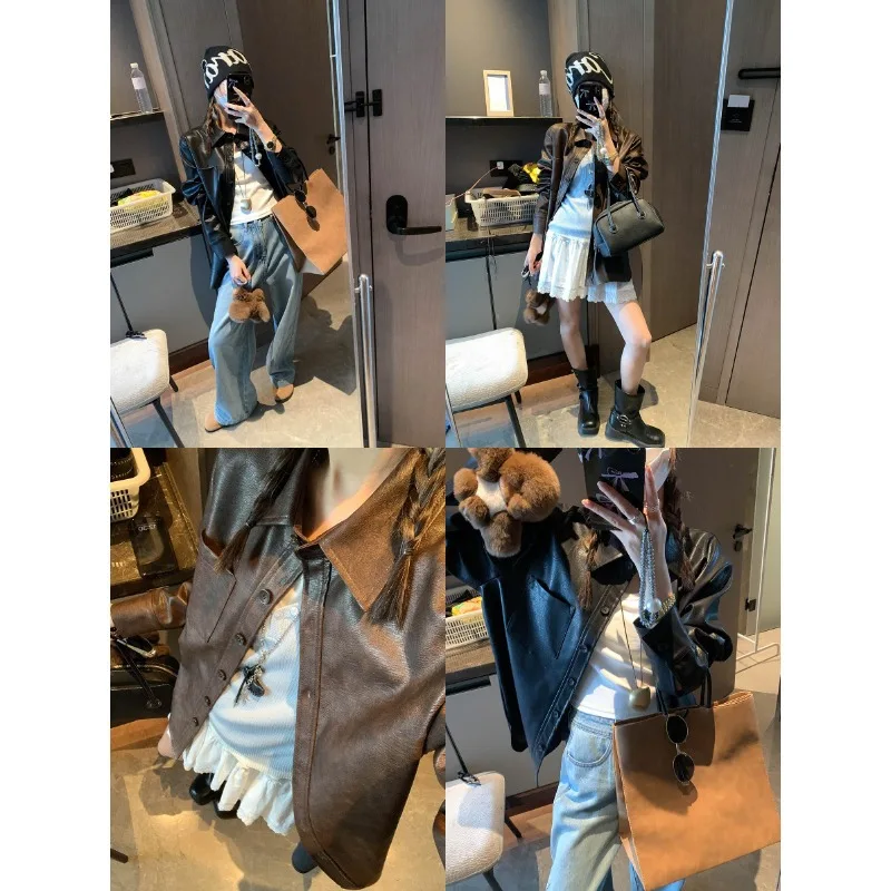 2025 Frühherbst neue alte PU-Leder-Revers lässig lose und dünne Lederjacke im amerikanischen Stil