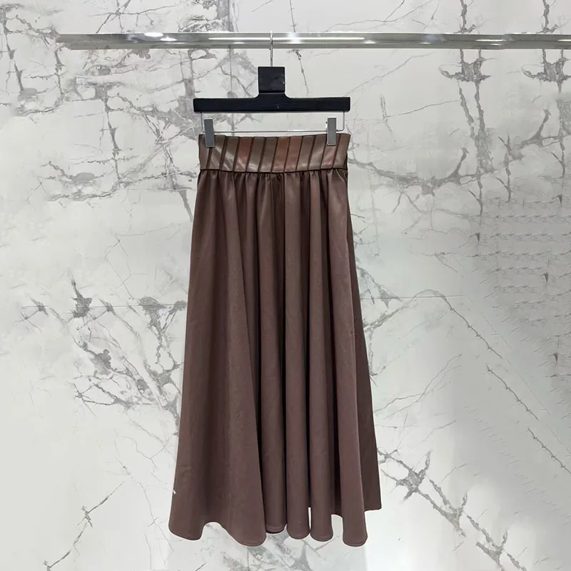 Women's Leather Patchwork Skirt, Casual and Versatile Midi Skirt, High-Quality Pleated Skirt for the Office, 2026, New Arrival,
