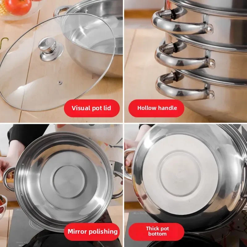 

304 Stainless Steel Double Boiler Steam Pot Rice Noodle Roll Steamer Soup Pot Steamed Buns Cake Boilers Kitchen Tools Cookware