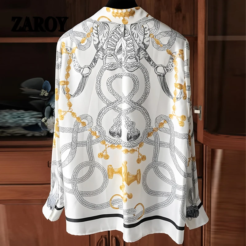 قمصان أحدث قميص نسائي فاخر حصري بأكمام طويلة وطية صدر السترة قميص من الساتان مطبوع عليه أموال قديمة قميص بتصميم علامة تجارية OL بلوزة руба