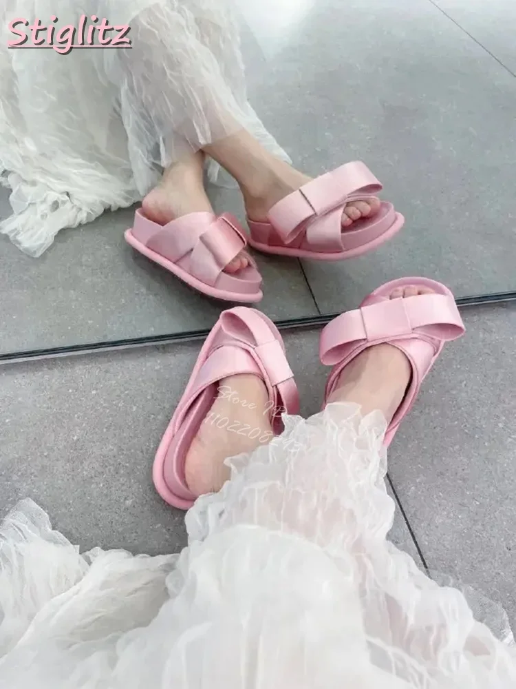 

French Style Butterfly-knot Slippers Sweet Pink Round Toe Pull-on Thick-sole Bow Flip Flops 2025 Women's Outdoor Dress Shoes
