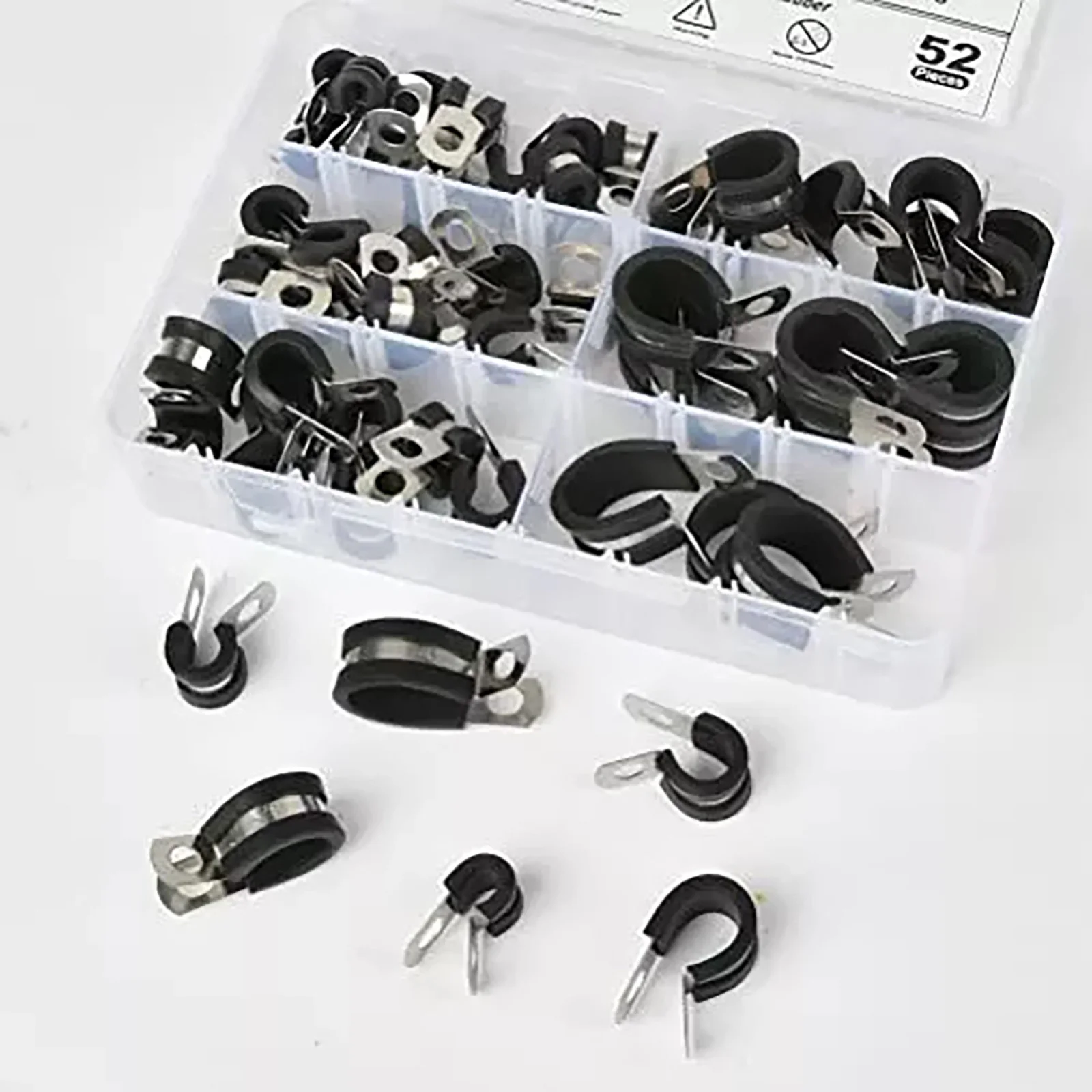 52Pcs/Set Cable Clamps Assortment Kit Stainless Steel Rubber Cushion Pipe Clamps 6 Sizes 1/4