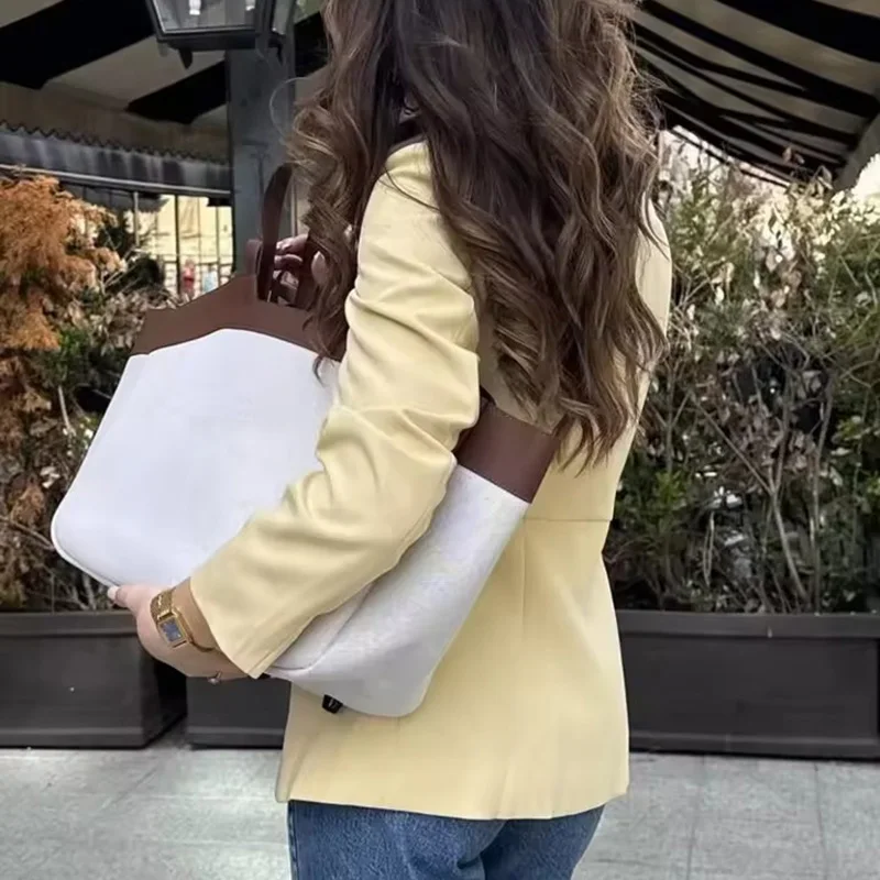 PRINTKAOIR 2025 Giacca blazer sottile gialla da donna elegante O-Collo manica lunga monopetto cappotto Lady Office Streetwear