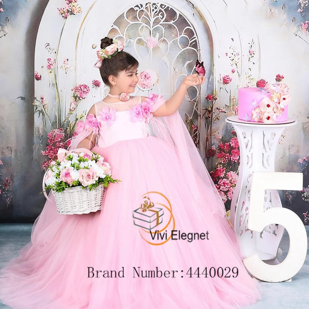 Soft Tulle Floor Length Wedding Party Gowns, Scoop Flower Girl Vestidos, Econômica Pink Applique, Novo, Verão, 2023