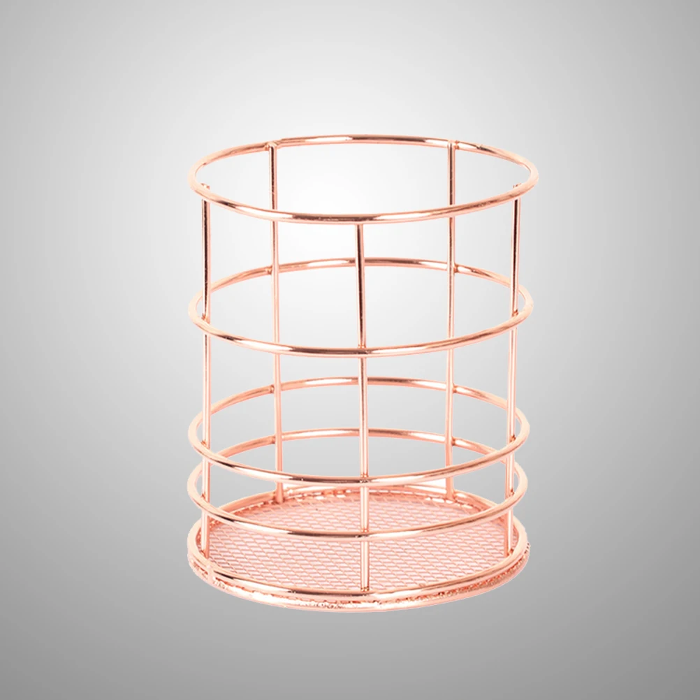 

Wire Metal Desktop Pencil Holder Rose Gold Round Storage Basket Organizer For Cosmetics Chopsticks Home Office School