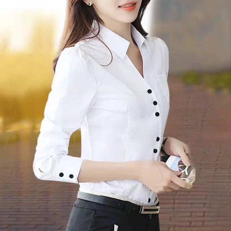 2022 New Spring and Autumn Fashion Trend Leisure Commuting Professional V-neck Women\'s Solid Color Panel Pocket Slim Fit Shirt