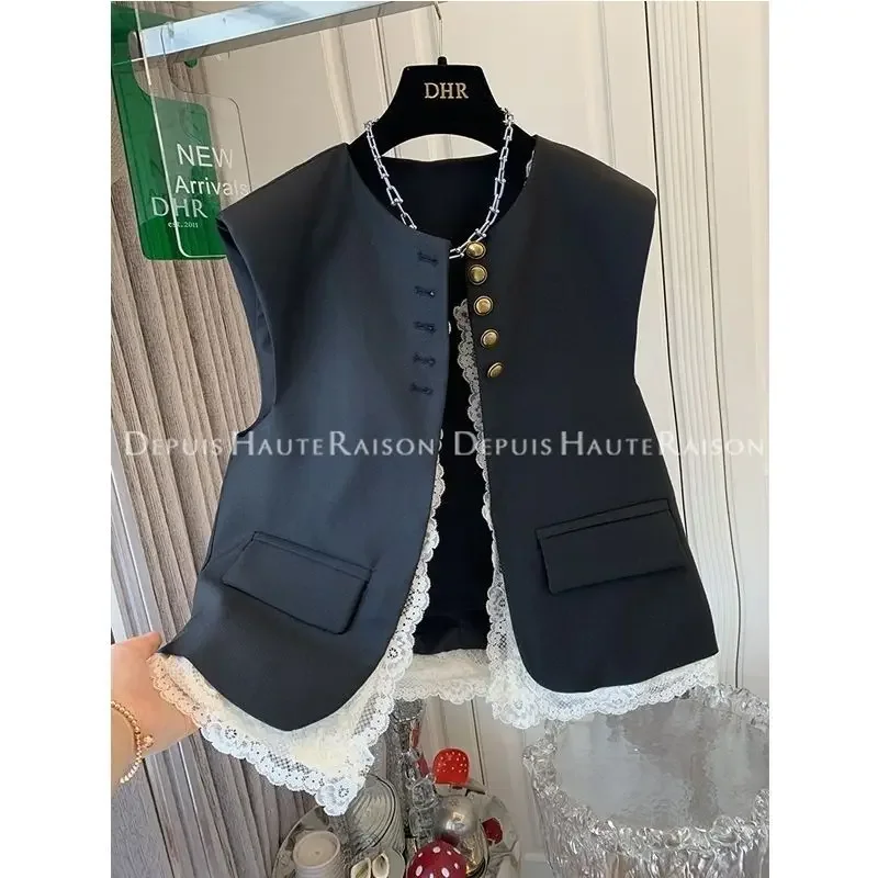 Neploe Simple Patchwork Commuter Korea Lace Vest Advanced Fake Two Pieces Streetwear Goth Jacket French Style Vintage Y2K Tank