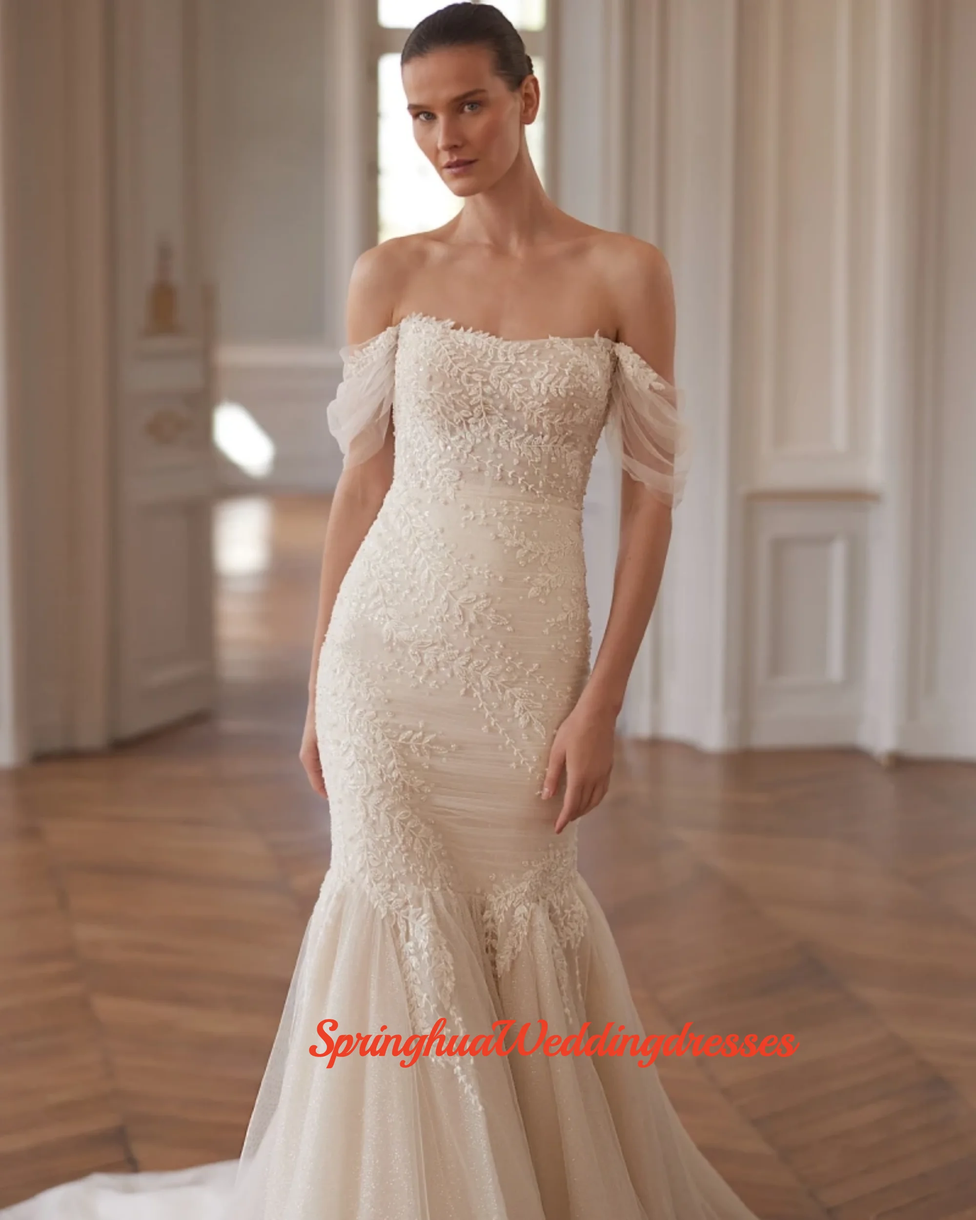 Vestido de novia largo de sirena con cuentas brillantes personalizado con chaqueta desmontable elegante Apliques de encaje vestidos de novia para novia
