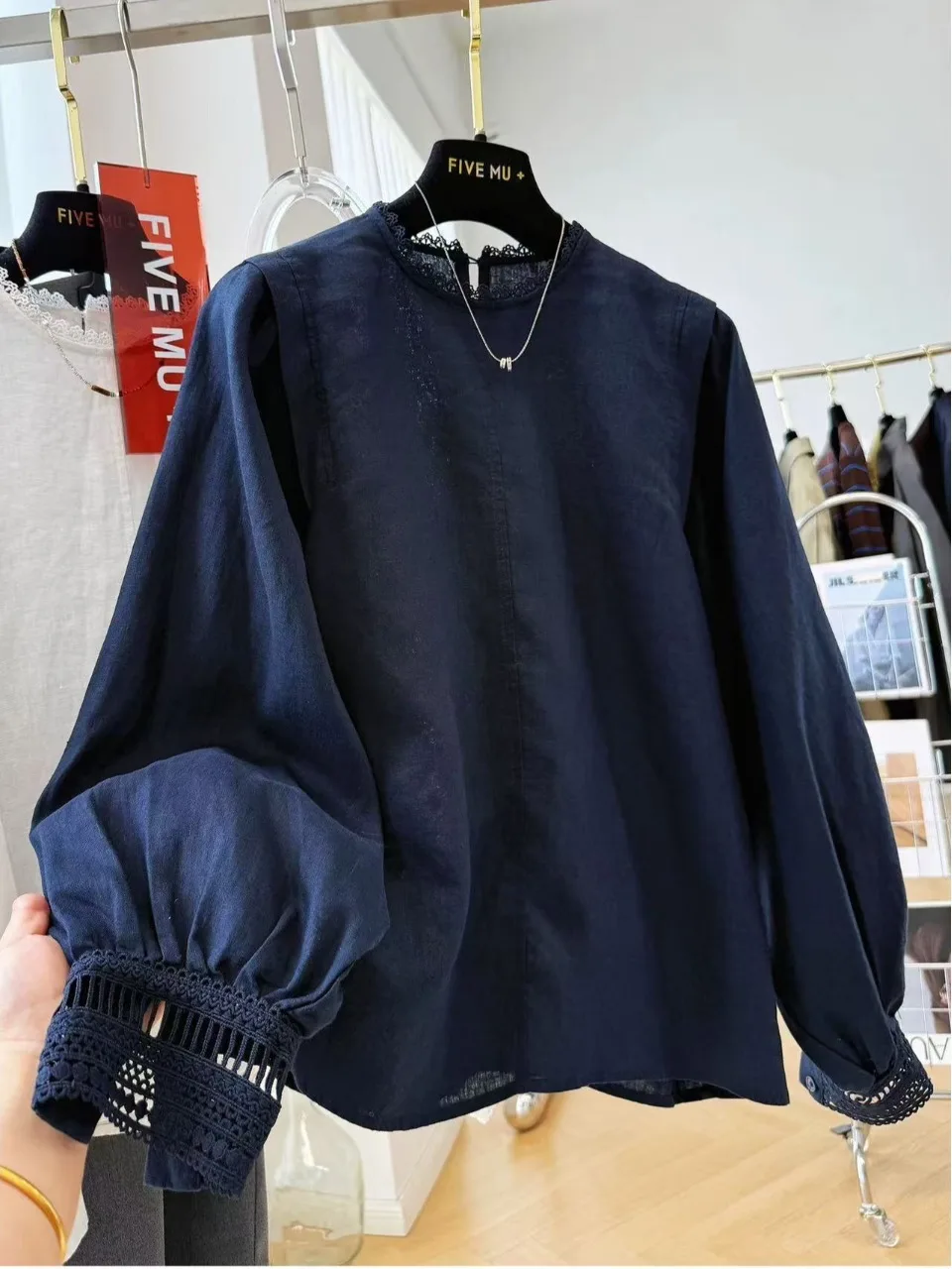 

Korean Style round Neck Long Sleeve Pure Linen Women's Shirt Lace Trim Spring Autumn Elegant Top Breathable Comfortable Loose...