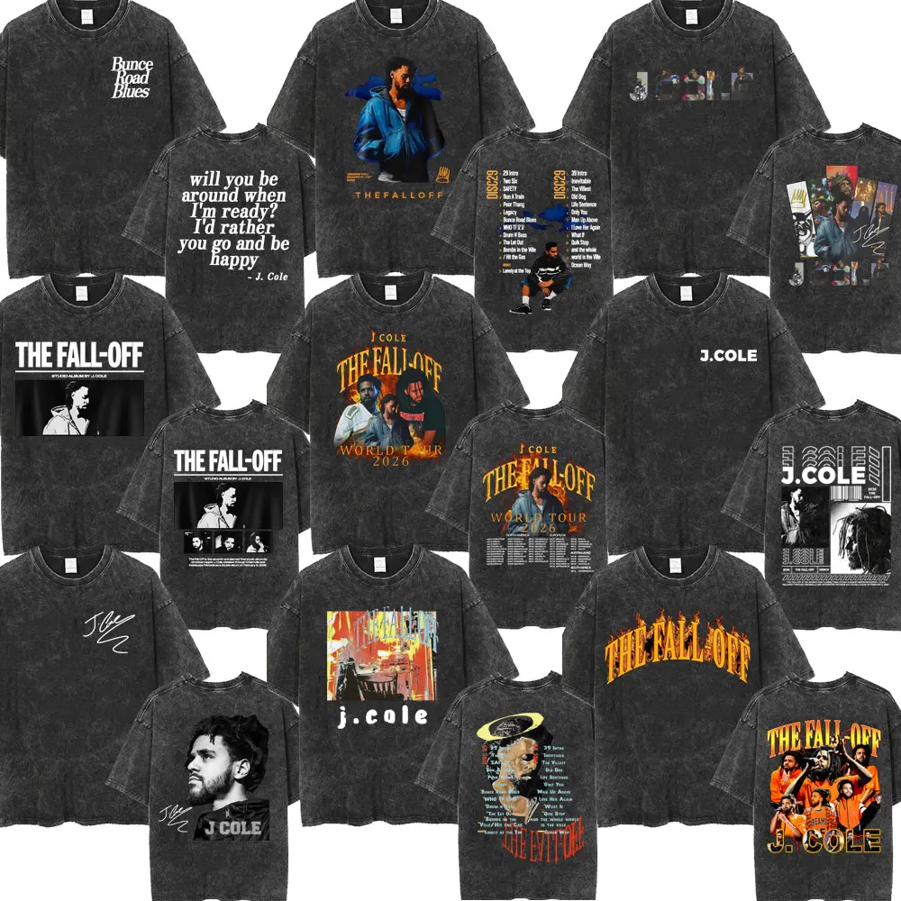 J Cole The Fall Off Album 2026 Tour Washed Vintage T-shirts Men's Clothes Harajuku Gothic T-shirt Summer Tops Streetwear T Shirt