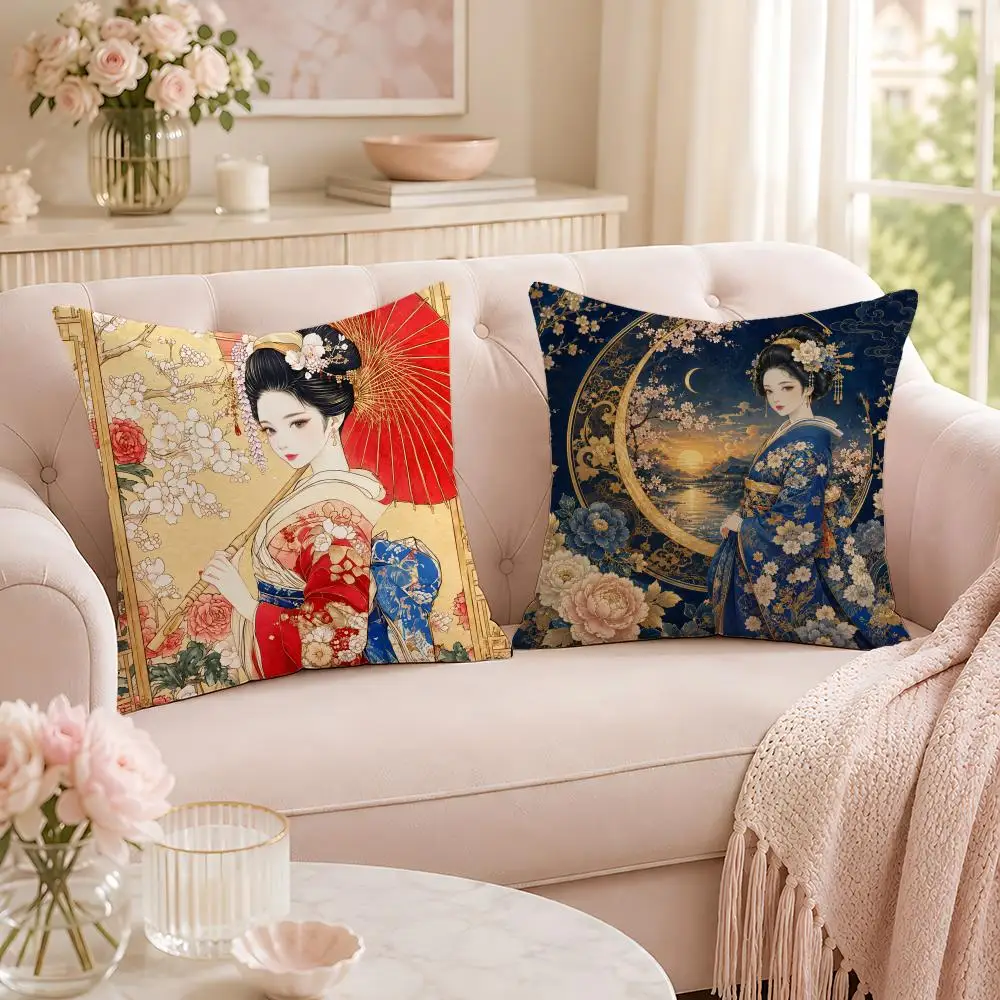 Japanese Style Geisha Cushion Cover Soft Short Plush Pillow Case Double Sided Print Washable Sofa Home Decor Gift