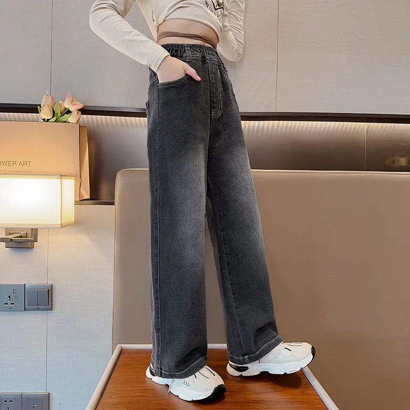 2024 New High Quality Girls Jeans Vintage Denim Wide Leg Pants Kids Clothing Children Casual Solid Trousers For Teenager Clothes