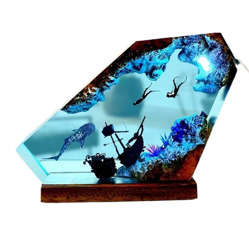 Seabed Exploration Organism Resin Table Light Creactive Art Decoration Lamp Diving Sunken Ship Theme Night Light USB Charge