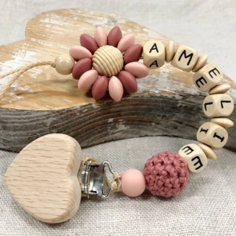 DIY Custom Name Silicone Beads Wooden Ring Pacifier Clips Safe Teething Chains Baby Teether Eco-friendly Dummy Beech Clips Gift