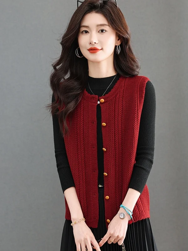 

Весна-Осень 2026: Женский шерстяной вязаный жилет с круглым вырезом, на одной пуговице, в стиле Mommy Sle Fashion Outwear