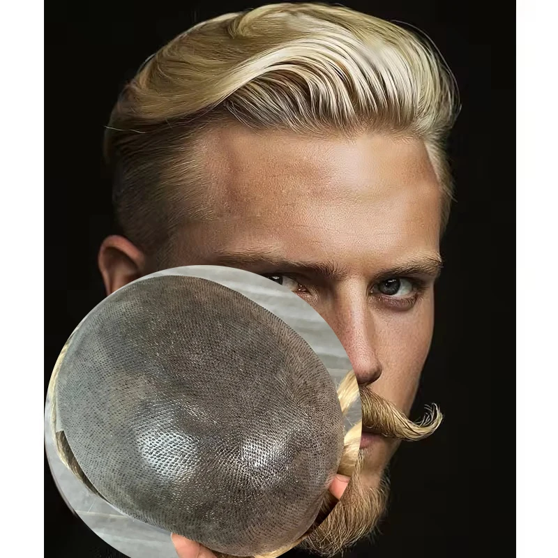 جذور براون أومبير شقراء 4T/613 شعر بشري أوروبي للرجال شعر مستعار غير قابل للاكتشاف خط شعر طبيعي 0.06 مللي متر رقيقة جدا بولي PU هيربيسي #1