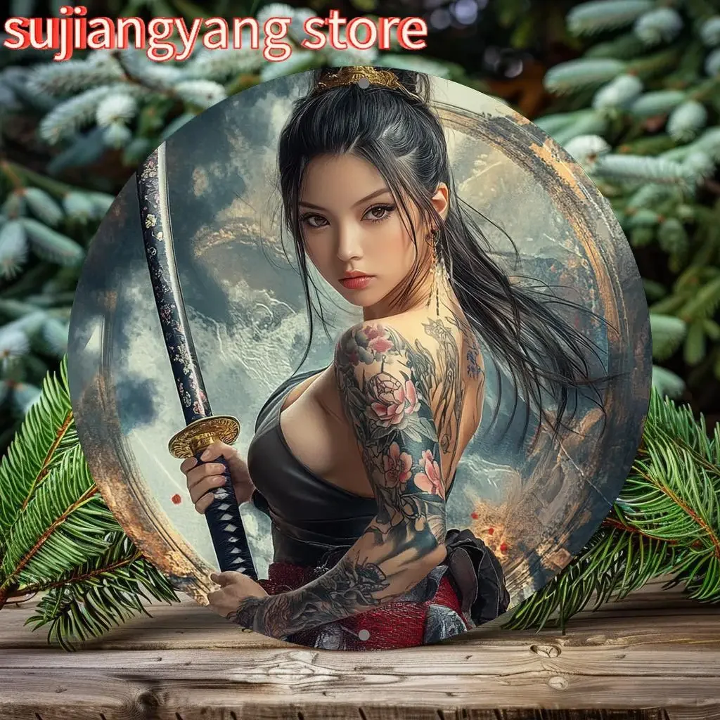 Vintage Japanese Samurai Woman Aluminum Wall Art - 20.32x20.32 cm Round Metal Sign with Detailed Samurai Warrior Design,