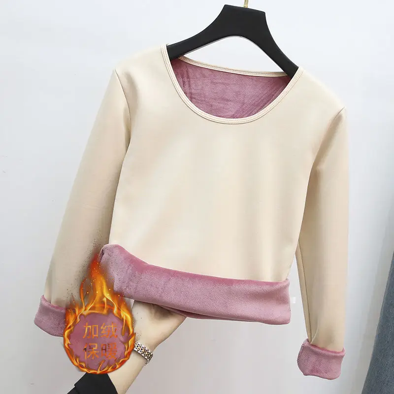 Winter Warm  Round Neck T-Shirt Thick Fleece Thermal Underwear Long Sleeve Basic Solid Warm Autumn Bottomed Blouse