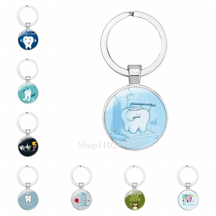 Fashion Jewelry Dome Glass Zinc Alloy Keychain Brushing Teeth Toothpaste Dental Health