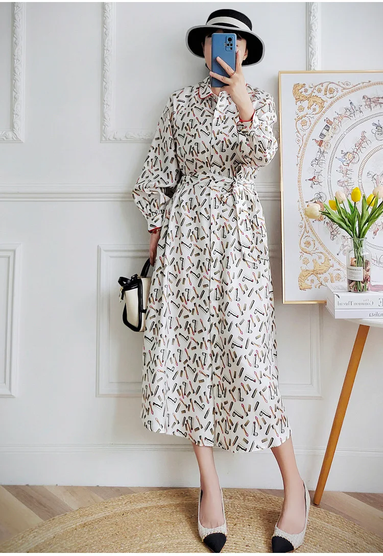 

Shirt Dress Women Elegant Luxury 18mm Twill Silk Printed, Mid Length, A-Line Skirt, Long Sleeved, Spring Autumn, New, 2023