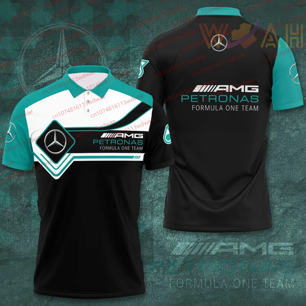 2025 Camisa polo de verano para hombre Fórmula 1 Polo del equipo.Mercedes Benz AMG.Camiseta Polo con botones Petronas Camisa con estampado 3D Polo para niños
