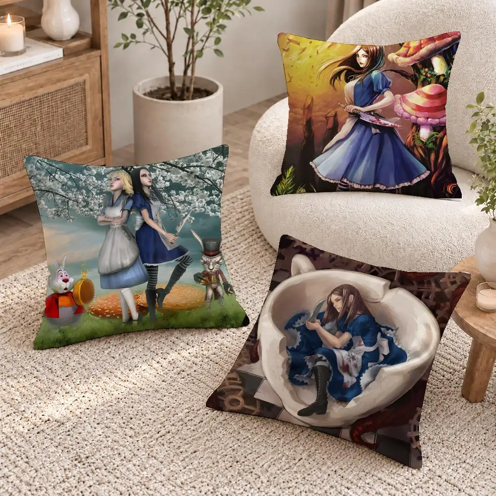 Dark Game Alice Madness Cushion Cover Short Plush Pillow Cover, Washable Wrinkle-Resistant for Sofa Bedroom Decor Gift
