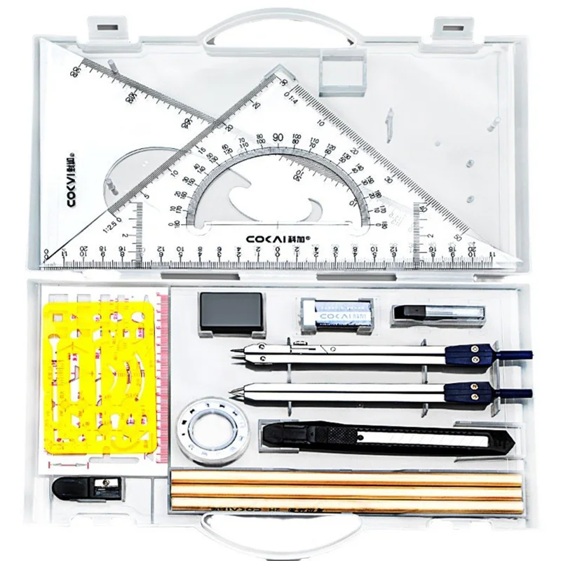 Premium Drawing Tool Ruler Set 30/45 Degree Triangle Ruler Protractor Compass Pencil Multi-Function Measurement Drafting Kit