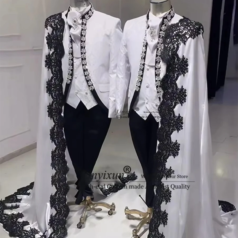 

Элегантные мужские костюмы с бриллиантами, комплект из трех предметов с плащом, аппликация, смокинги, свадебный наряд жениха, индивидуальный пиджак, брюки, жилет, костюмы для мужчин