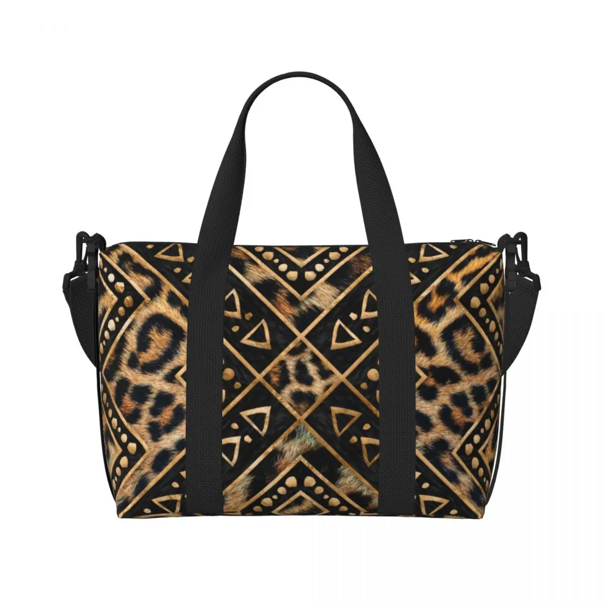 Borsa per la spesa personalizzata in pelliccia di leopardo etnica tribale geometrica Tote Shopping Bag Borse da palestra da spiaggia con texture in pelle animale di grande capacità