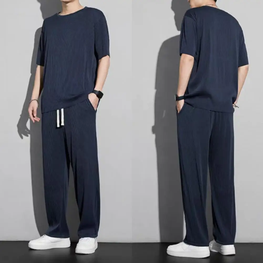 Men Athletic Clothing Set Men's Summer Casual Outfit Set O-neck Short Sleeve T-shirt Wide Leg Pants with Drawstring for Everyday