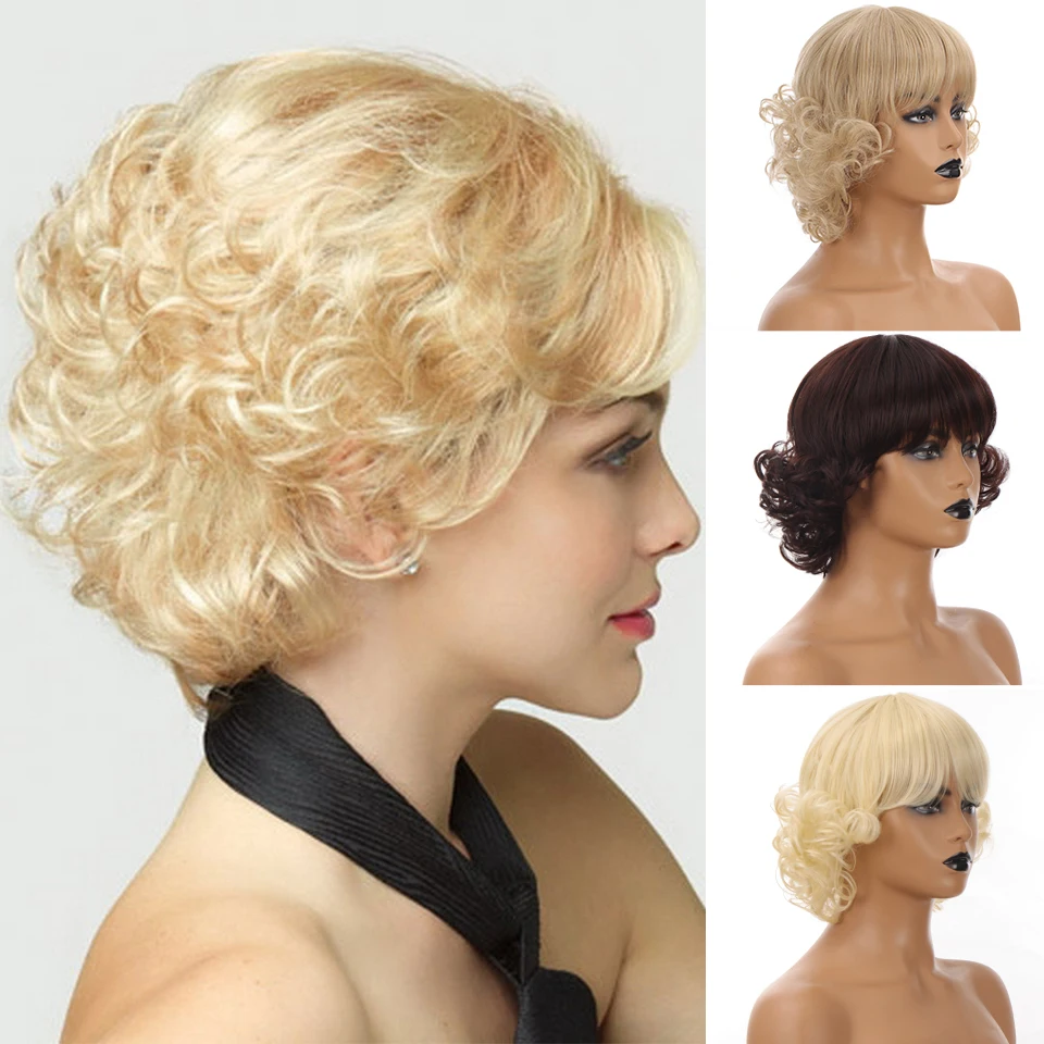 

DIFEI Synthetic Short Wig Brown Mix Blonde Color Curly Wigs For Mature Women With Bangs Heat Resistant Fakehair