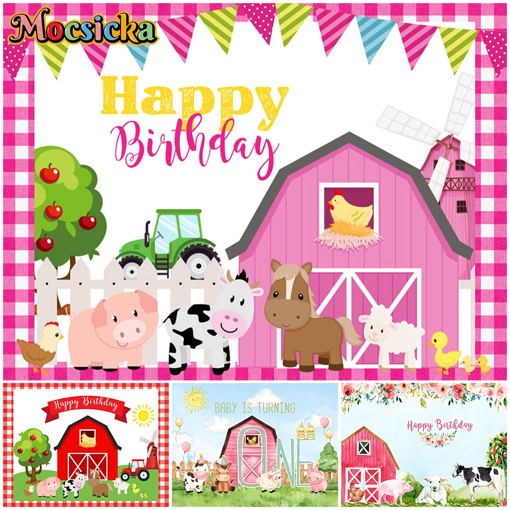 

Mocsicka Happy Birthday Backgrounds Photography Horse Chicken Sheep Red Purple House Party Decor Baby Farm Backdrop Photo Studio