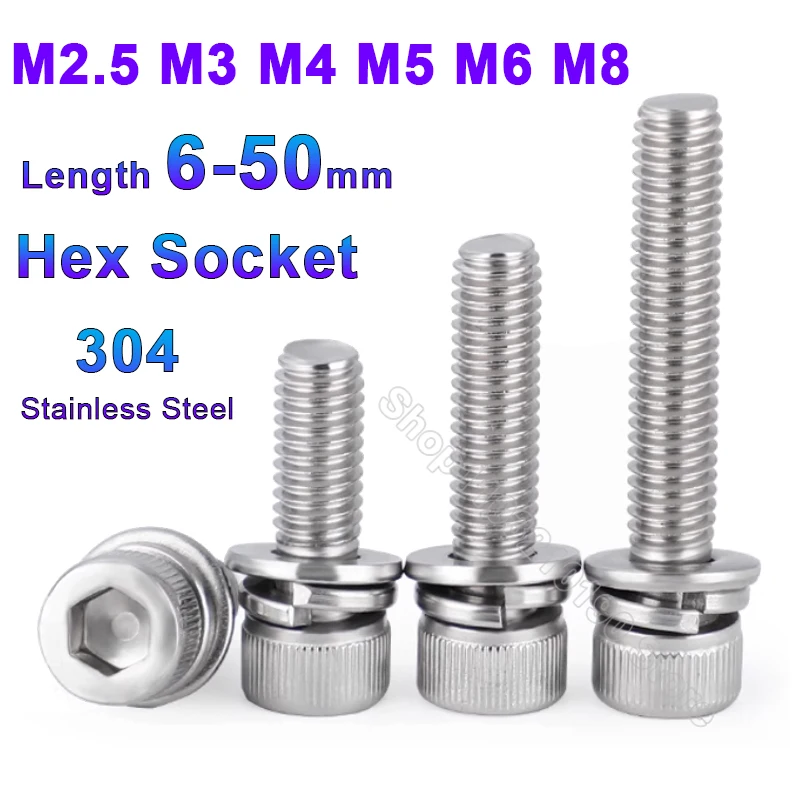 M2.5 M3 M4 M5 M6 M8 Hexagon Hex Socket Head Cap Screw With Washer Three Sem Screw Stainless Steel Three Combination Thread Bolts