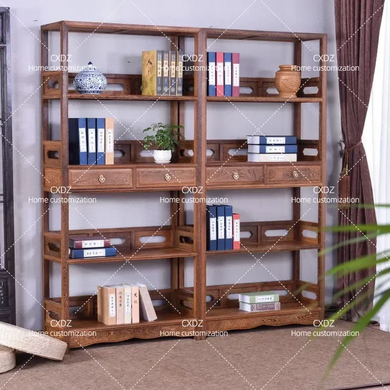 Solid Wood Bookshelf Multi Layer Display Rack Floor Standing Storage Partition Shelf Simple Chinese Style Bookcase for Home