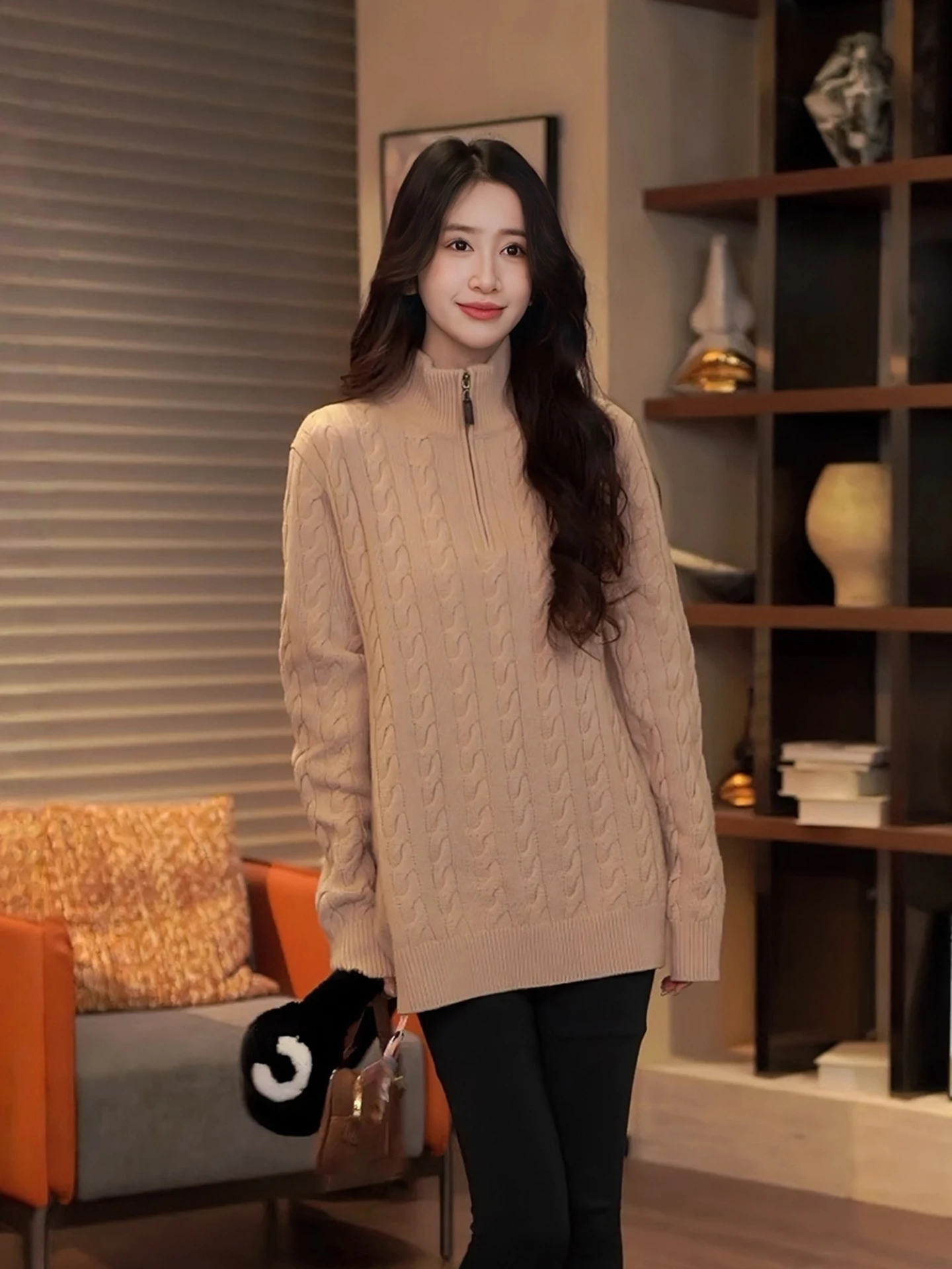 

ZONE High Ne Knitted Sweater f Zip Pure Color Casual Long Sve Woolen Top for Women Thi Winter Wear