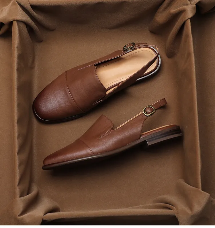 

Коробка для обуви ‌ Британские ретро-сандалии с римским носком для женщин, из натуральной кожи, модные сандалии на плоской подошве с ремешком сзади для повседневной носки ‌