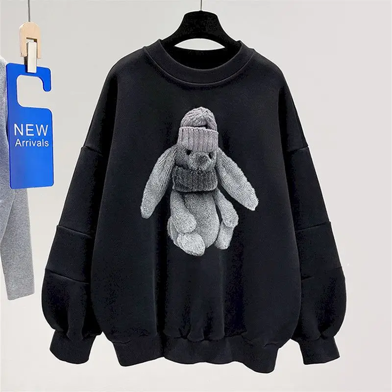 Fashion Pullovers Women Autumn Winter Trend Plush Thick Pullover Cute Rabbit Design Top Korean Loose Long Sleeve Top Y2k Clothes