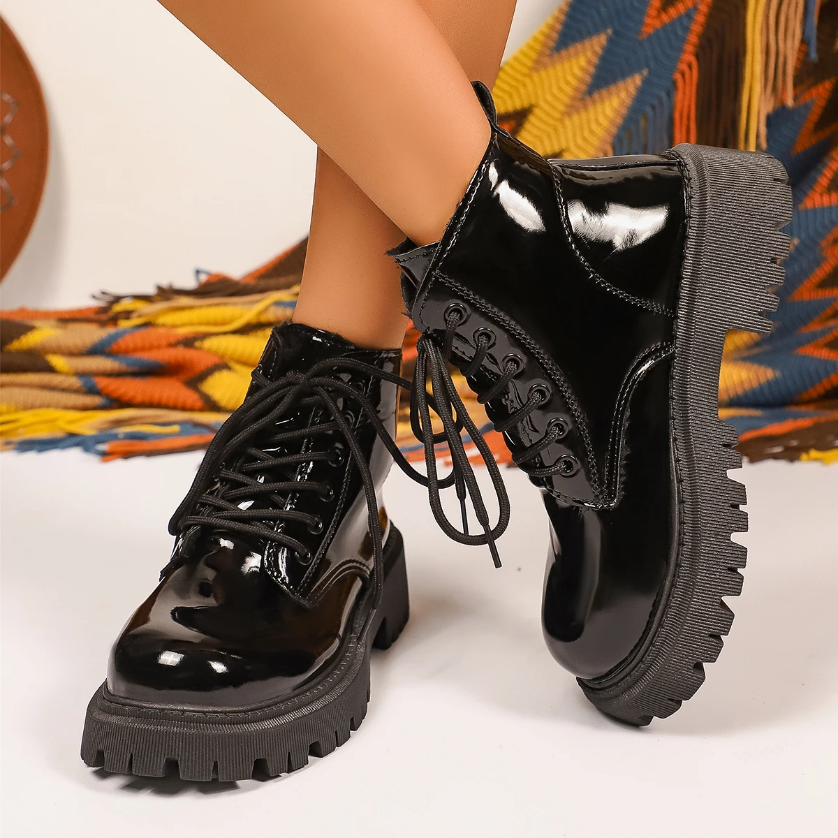 Women Round Toe Lace‑Up Combat Ankle Boots Side Zipper Thick Lug Sole Glossy & Matte Black Platform Casual Short Boots
