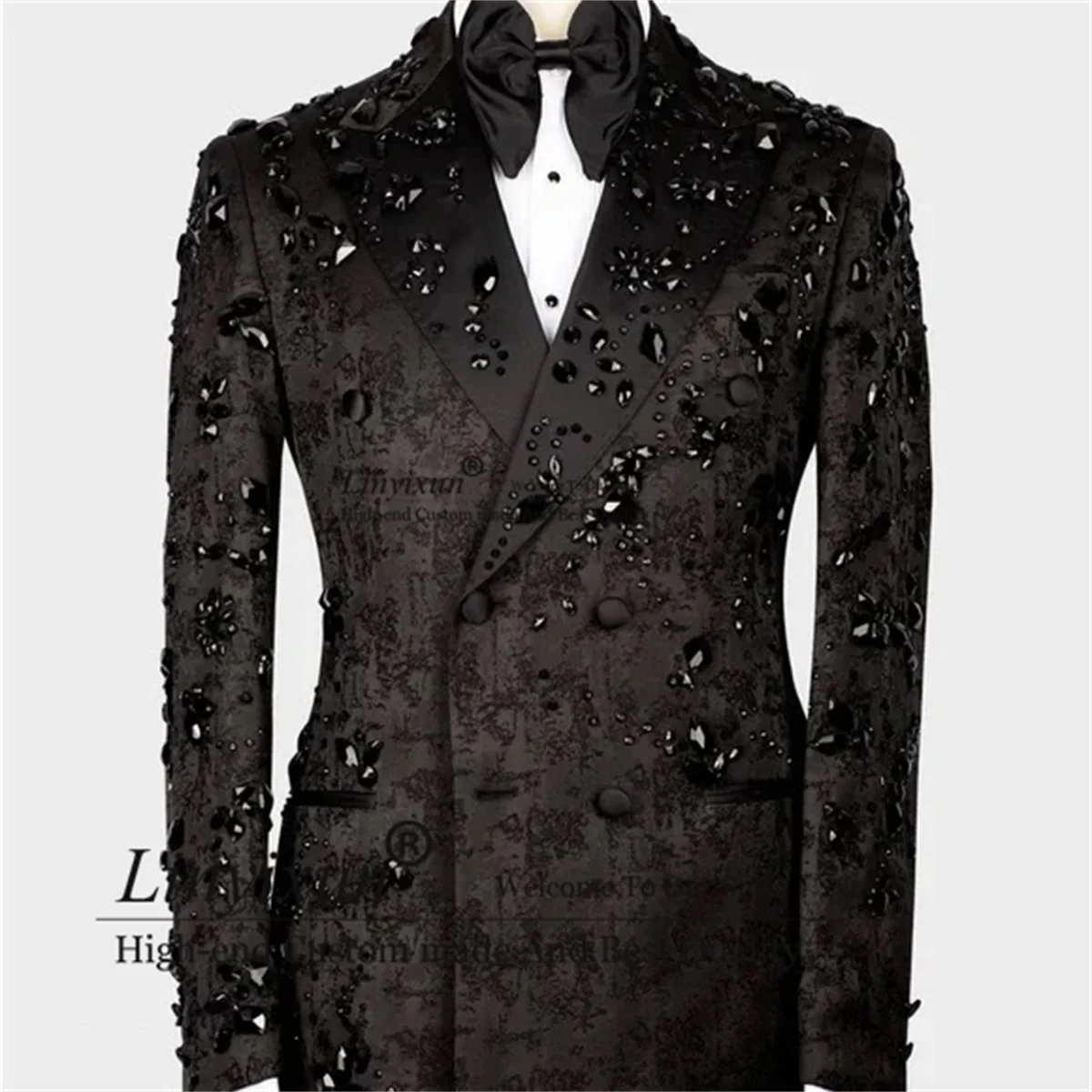 Men’s Black crystal Tuxedo Fashion Jacquard Groom Wedding Suits Customized Male Prom Blazers 2 Pieces Sets trajes para hombre