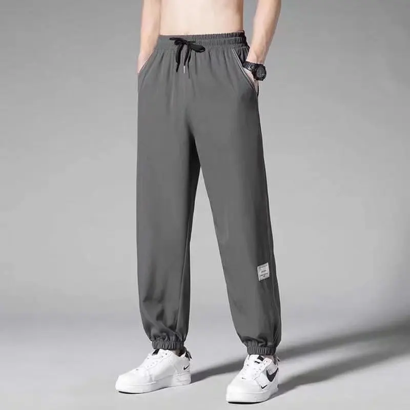 Men's Summer Ice Silk Thin Spor Casual Long Pants Outerwear Trendy Brand Nine-Point Korean Version Cuffed Pants
