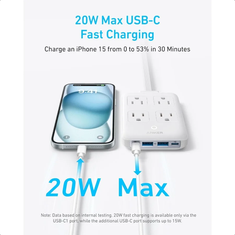 محطة شحن أنكر 20 وات بحد أقصى 8 في 1 USBC شريط طاقة لهاتف iPhone 15 14 وكتاب Air Pro سلك رفيع بطول 5 أقدام مع 4 تيار متردد 2 USBA و2 US