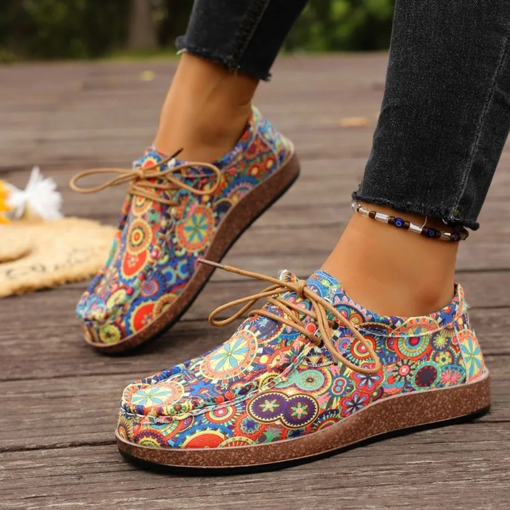 Frühling 2025, bedruckte Segeltuchschuhe für Damen, flache Plattform, lässige Zehen-Loafer, atmungsaktive Herbst-Mode-Turnschuhe