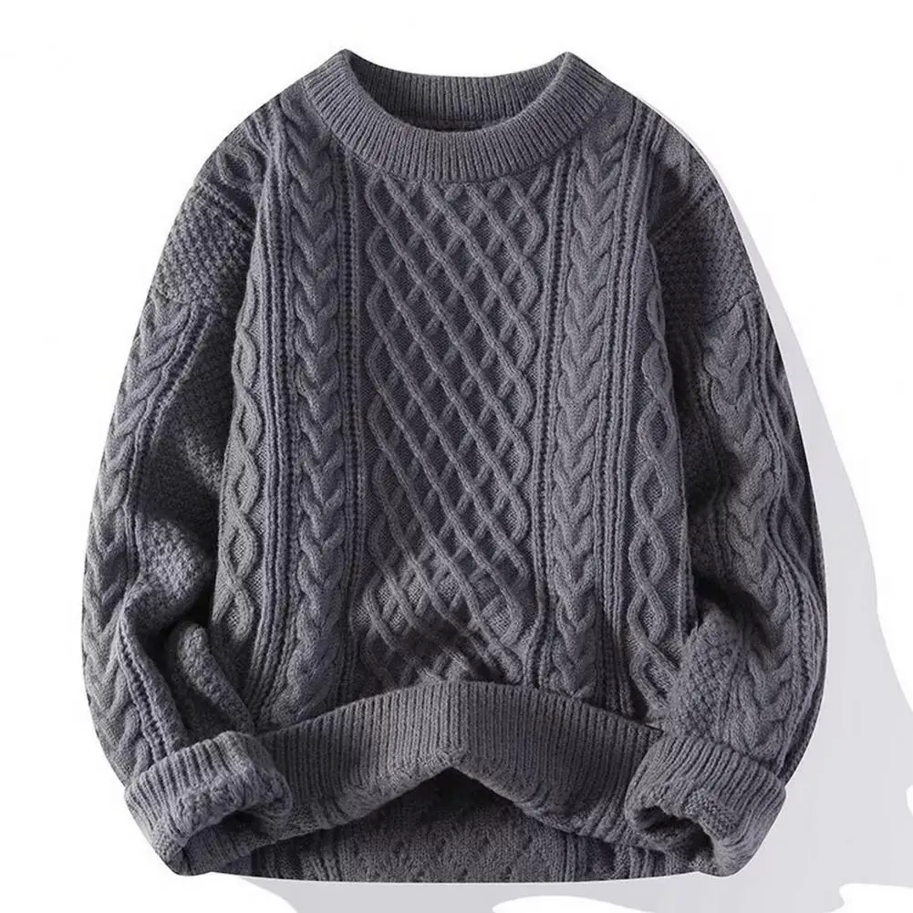 Men Classic Fit Sweater Men's Rhombus Texture Knit Sweater Thick Round Neck Stretchy Knitwear For Wear School Long Sleeves Pure