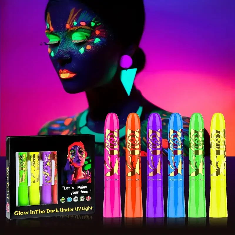 6Pcs UV Neon Face Painting Kit,Glow in the Dark Under UV Lights,Black Light Glow Makeup Kit,Washable Water Soluble Face Painting