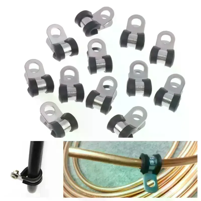 

12Pcs Rubber Lined Wiring Hose Pipe Clamp Metal R Clips Camper Hydraulic 3/16" Brake Gas Line Pipe Fixing Clamp Cramp